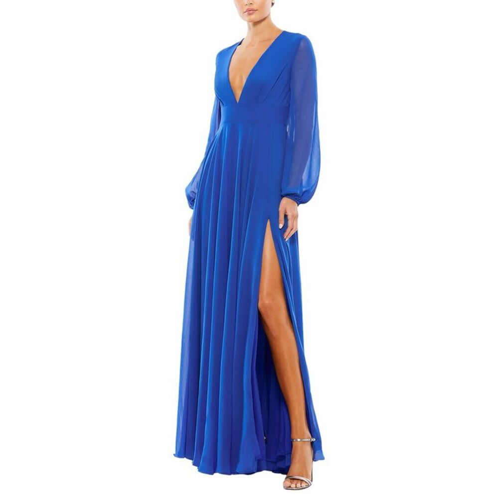 Mac Duggal Womens  V-Neck Illusion Chiffon Gown, Blue
